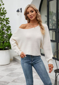Solid Color One Shoulder Sweater - Ivory
