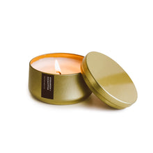 Load image into Gallery viewer, Evergreen + Eucalyptus Gold Metal Tin Soy Candle