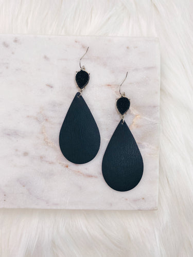 Black Druzy Leather Teardrop Earring