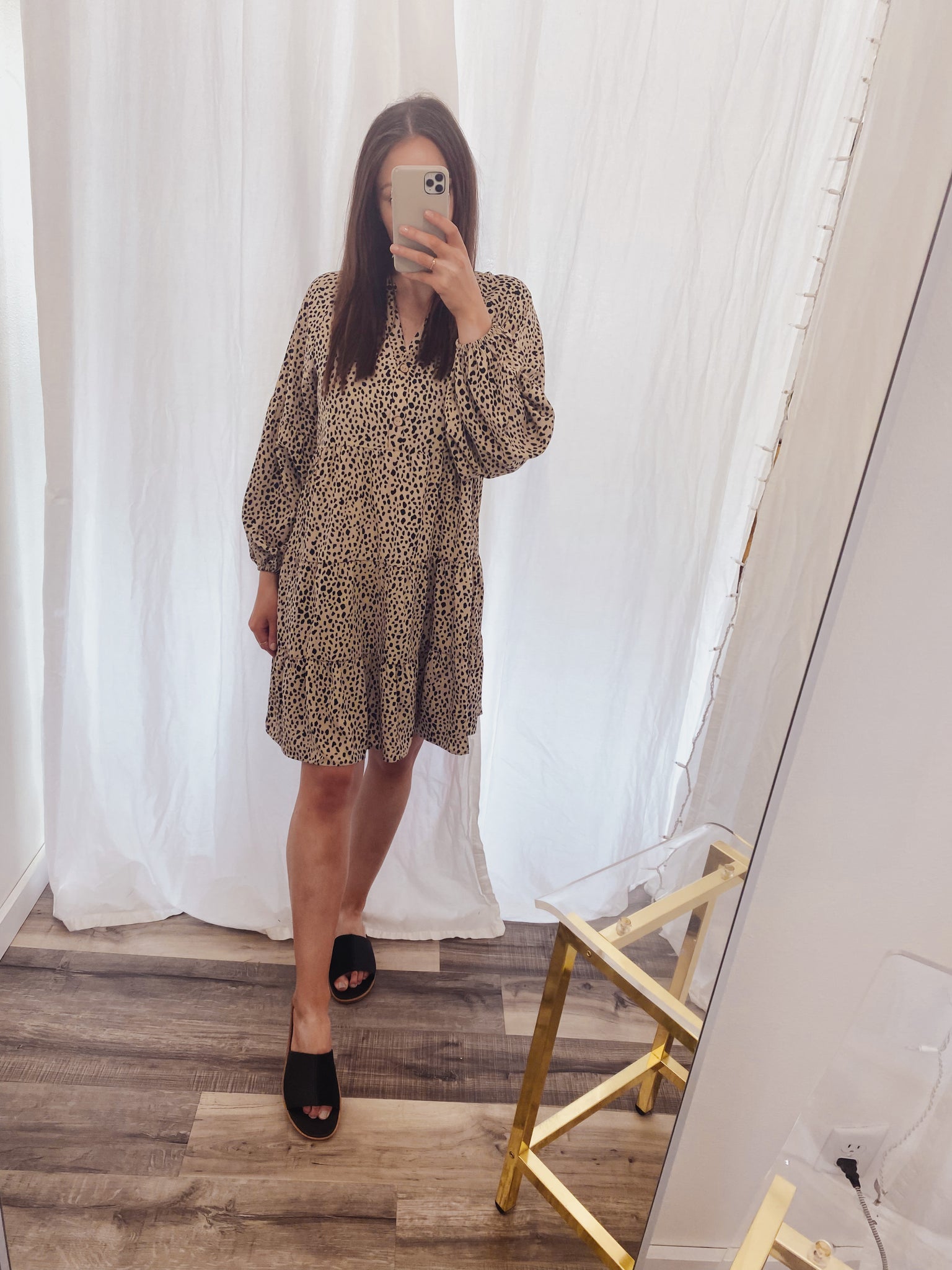 leopard print layered dress Apricot Leopard Print Tiered Wide Sleeve Maxi Dress