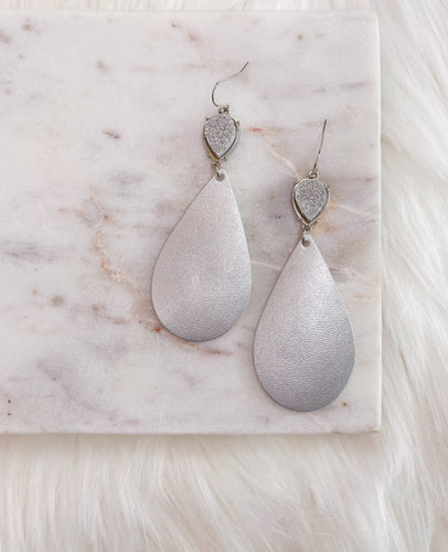 Silver Druzy Leather Teardrop Earring