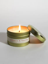Load image into Gallery viewer, Tobacco and Vanilla 4 oz Gold Tin Candle